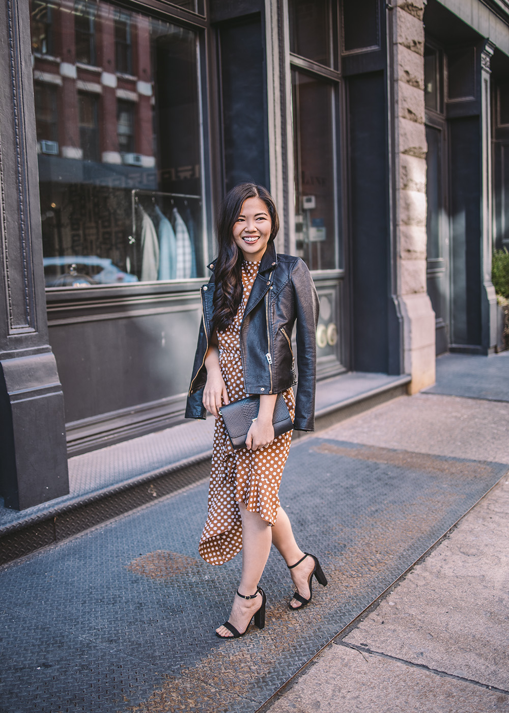 Date Night Outfit Ideas / Polka Dot Dress & Moto Jacket