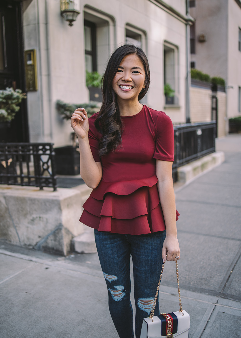 Date Night Outfit Idea / Peplum Top & Ripped Skinny Jeans