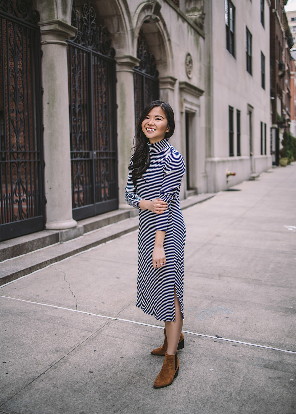 Transitional Style / Striped Midi Dress & Brown Suede Ankle BOoties
