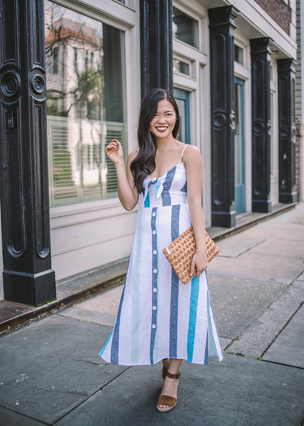 Summer Dresses / Blue & White Striped Linen Dress