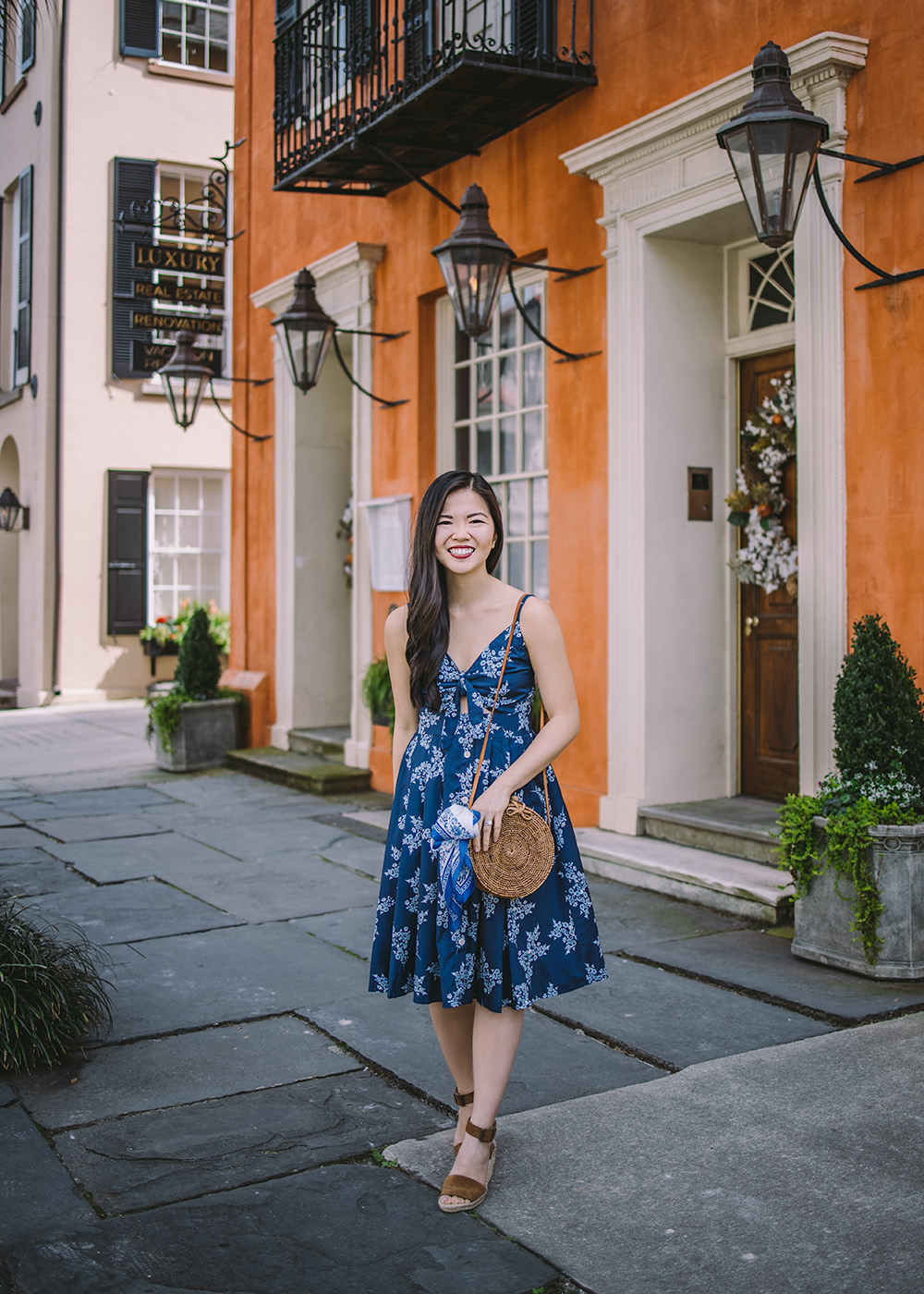 Spring Outfit Ideas / Floral Tie Front Dress & Straw Circle Bag