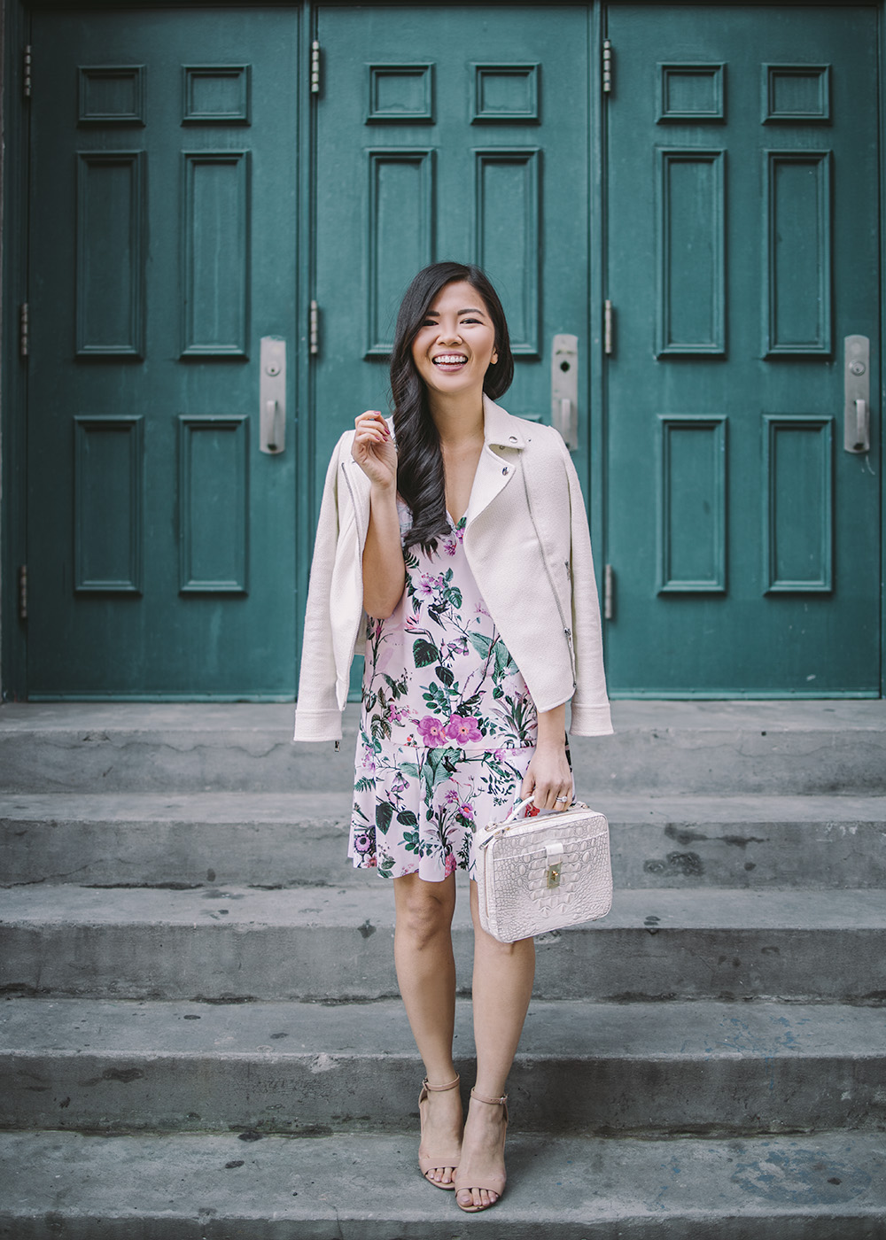 Spring Style / Pink Floral Dress & White Moto Jacket