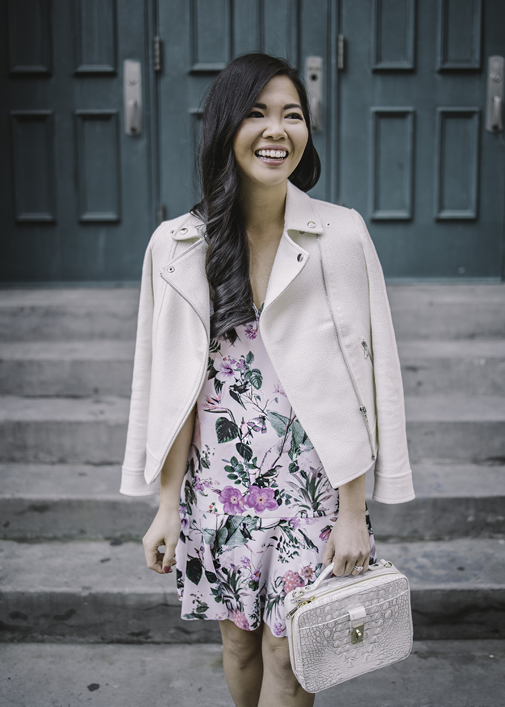 Spring Style / Pink Floral Dress & White Moto Jacket