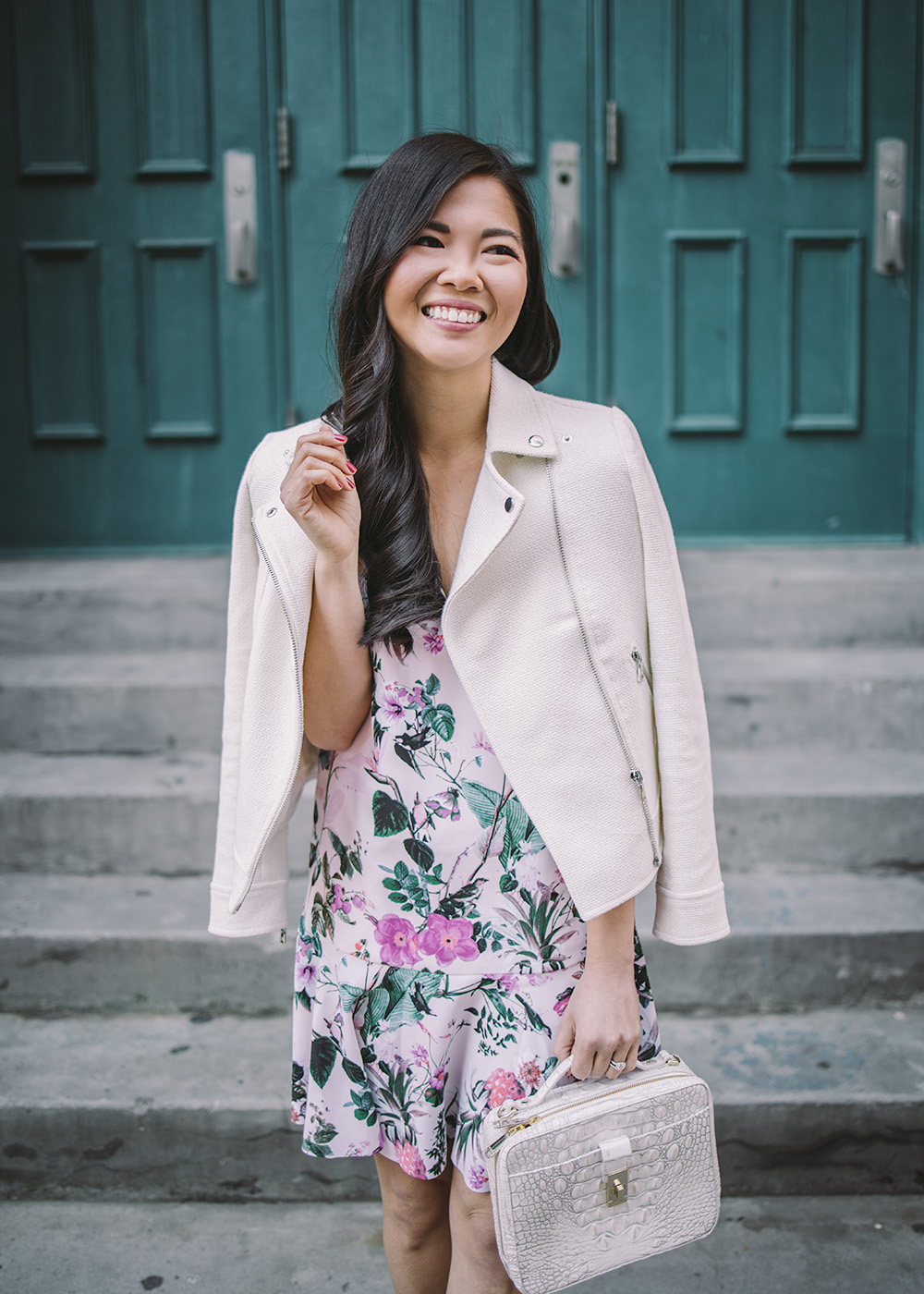 Spring Style / Pink Floral Dress & White Moto Jacket