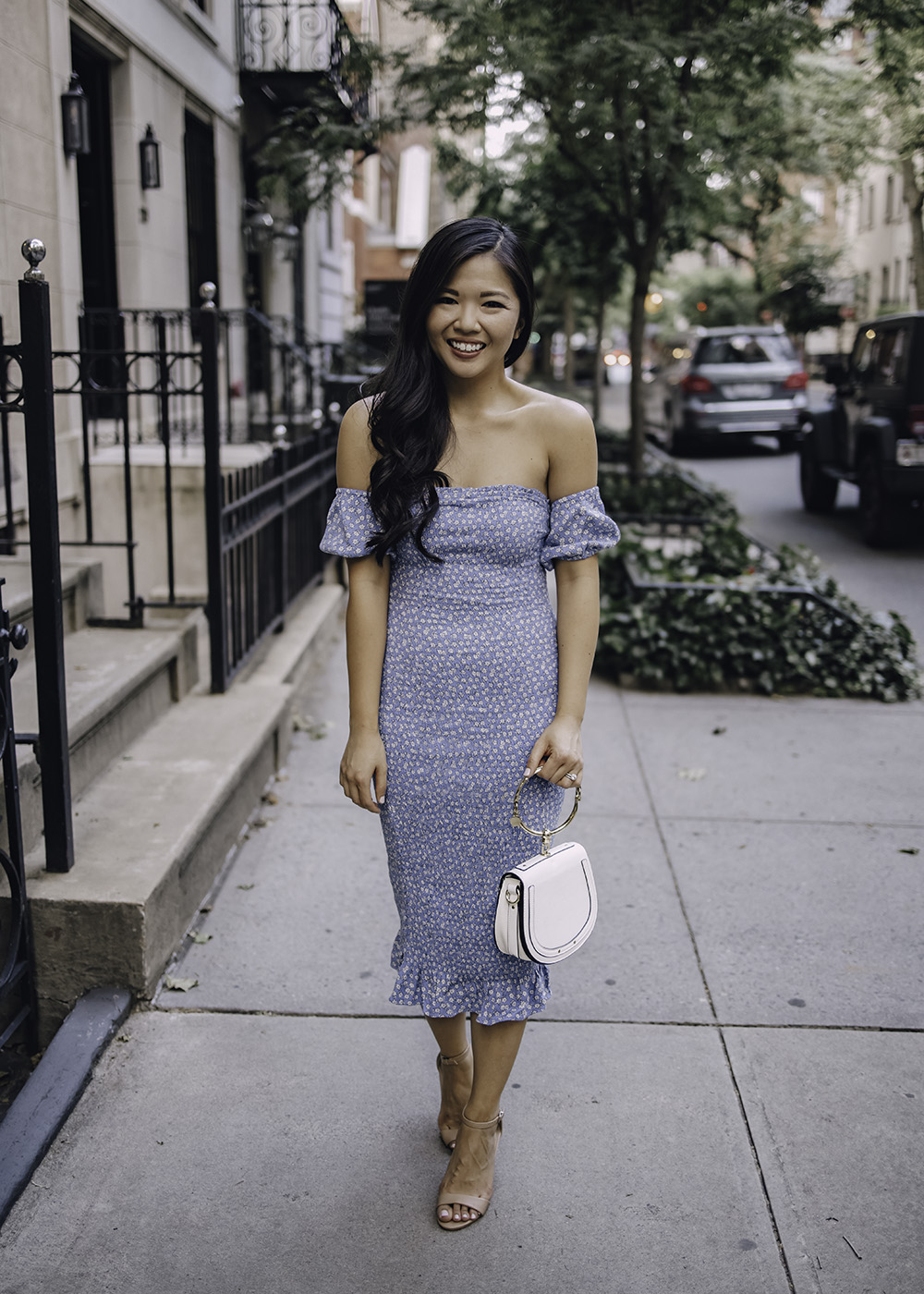 Summer Wedding Guest Dress: Blue Floral Off the Shoulder Dress