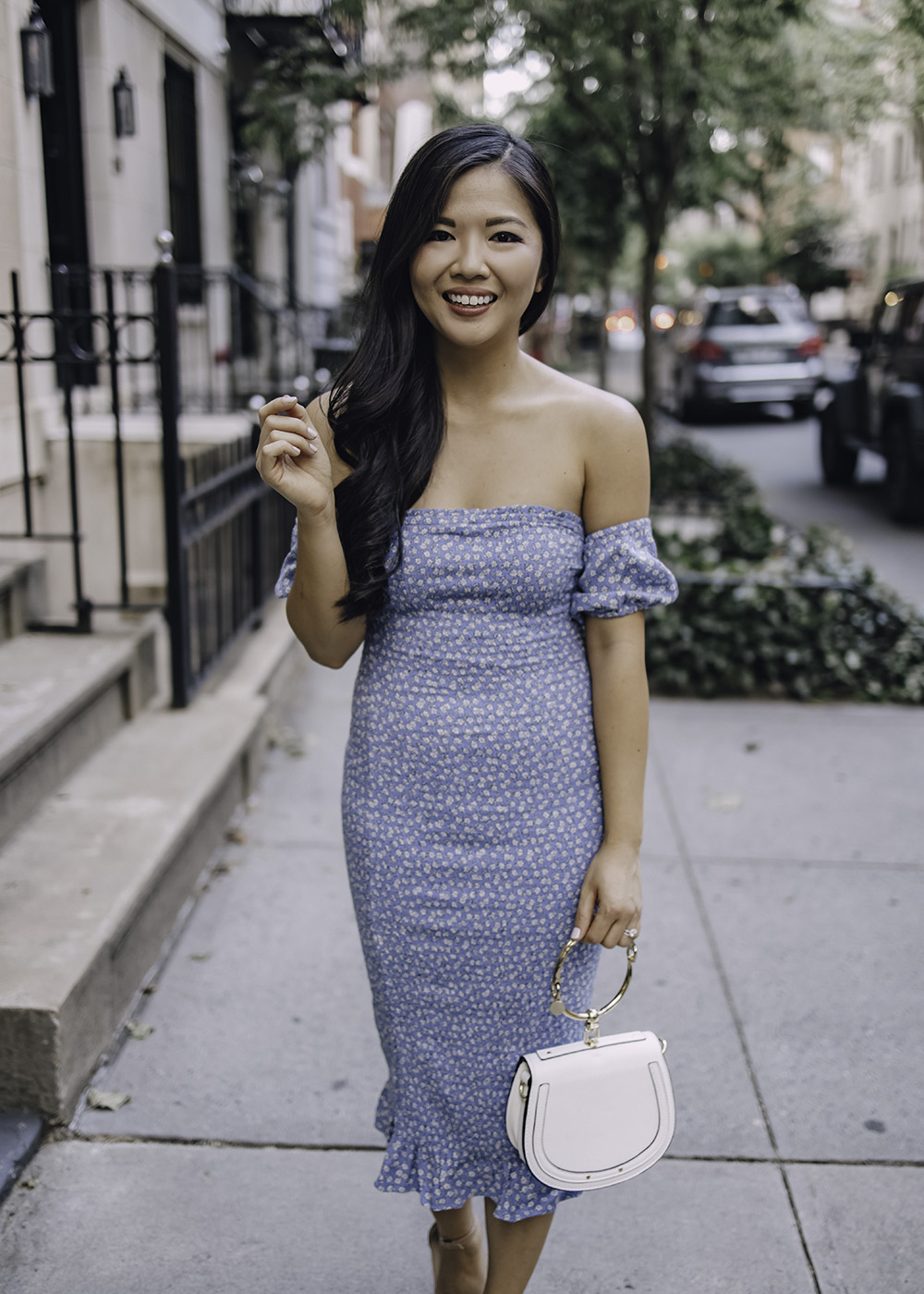 Summer Wedding Guest Dress: Blue Floral Off the Shoulder Dress