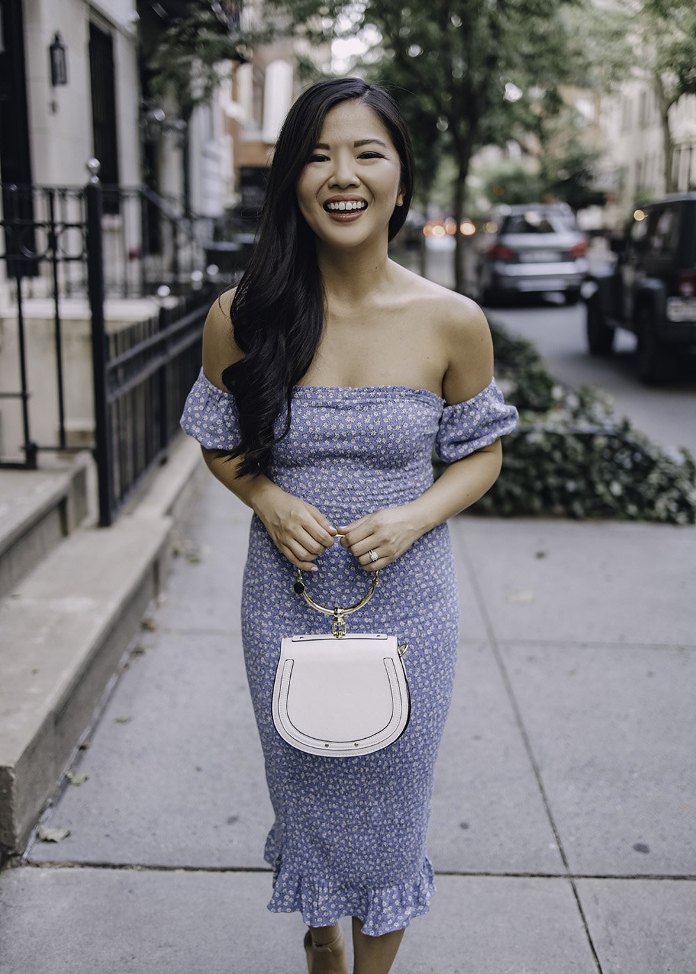 Summer Wedding Guest Dress: Blue Floral Off the Shoulder Dress