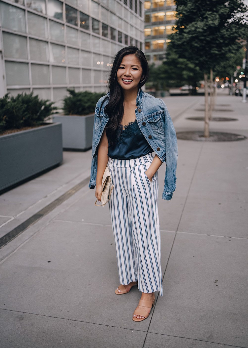 Casual Outfit for Women: Denim Jacket, Navy Lace Cami, Blue & White Striped Pants