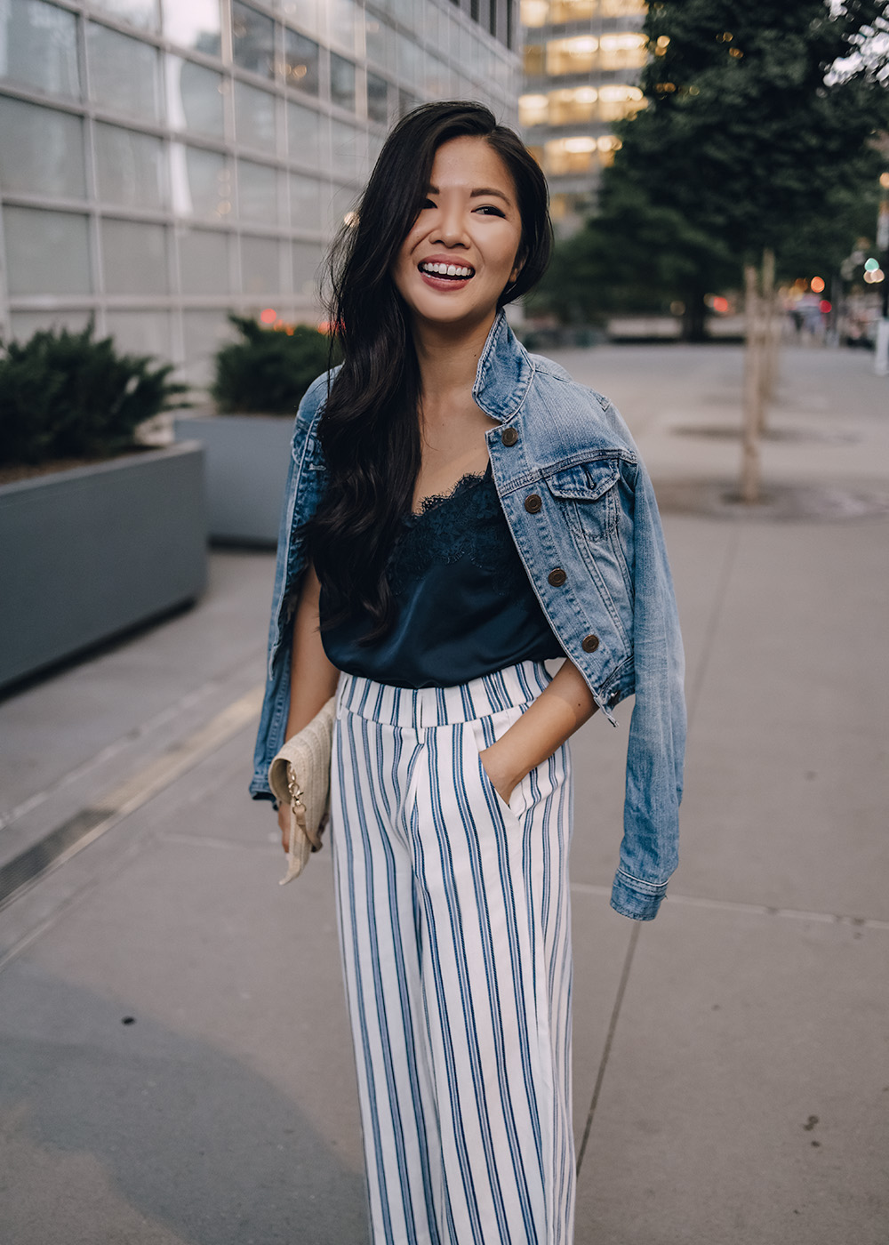 Casual Outfit for Women: Denim Jacket, Navy Lace Cami, Blue & White Striped Pants