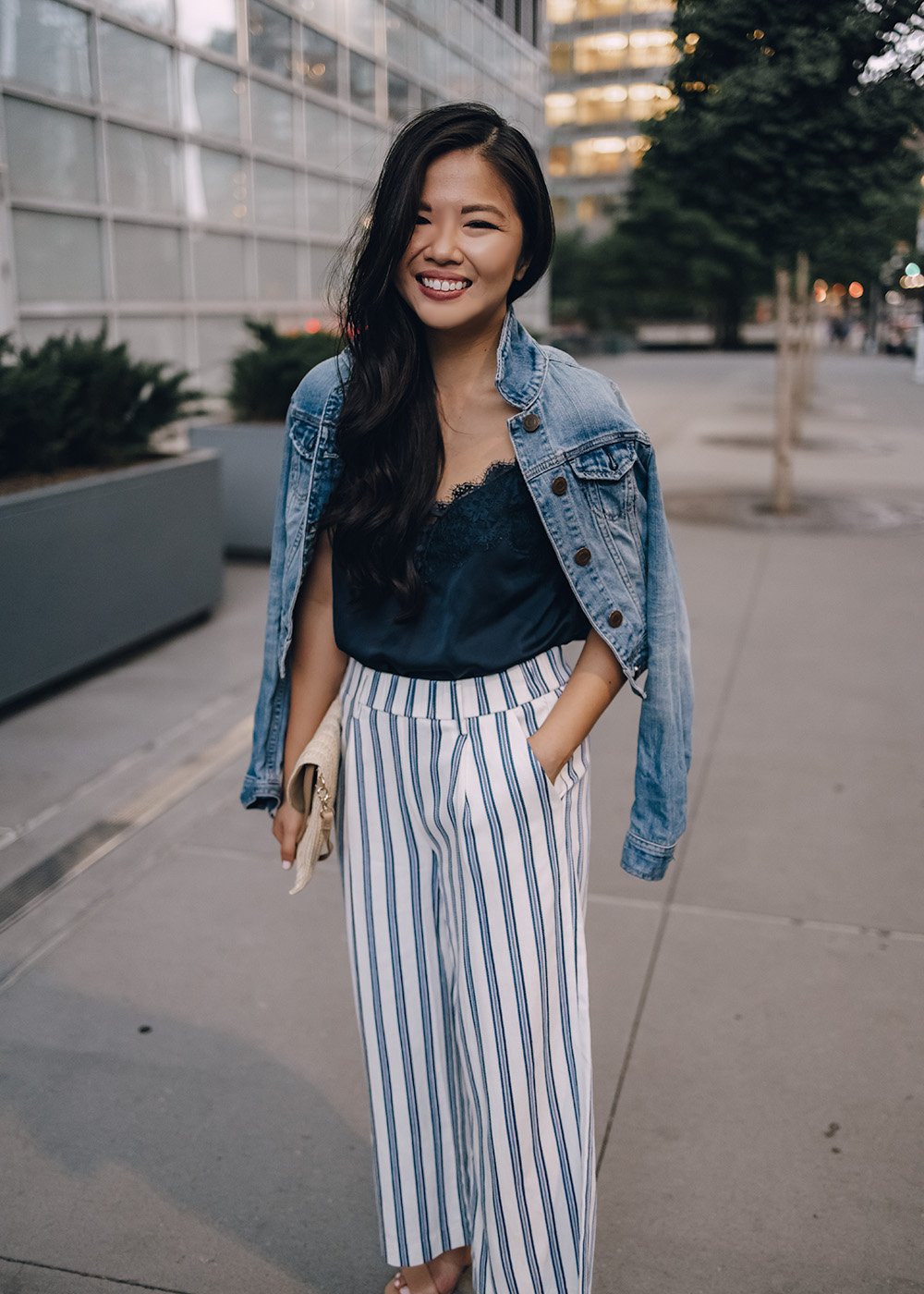Casual Outfit for Women: Denim Jacket, Navy Lace Cami, Blue & White Striped Pants