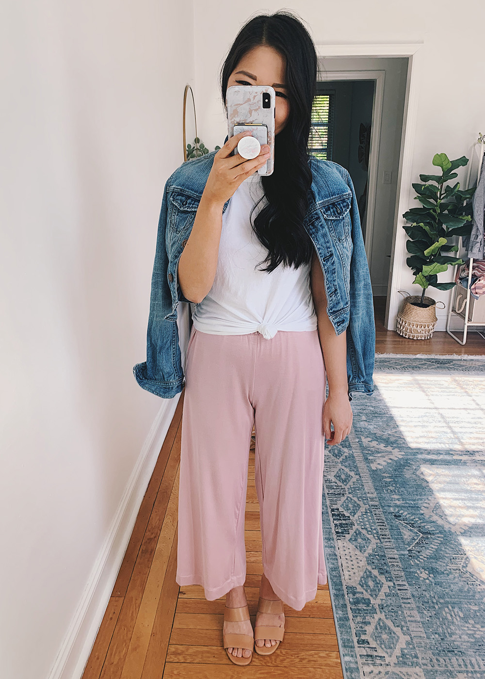 Casual Outfit for Women: White Knotted T-Shirt, Denim Jacket, Pink Lounge Pants