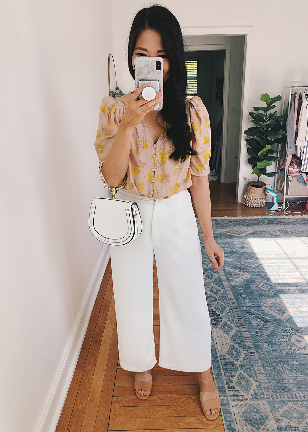 Feminine Style for Women: Floral Blouse, White Wide Leg Pants, White Bracelet Bag