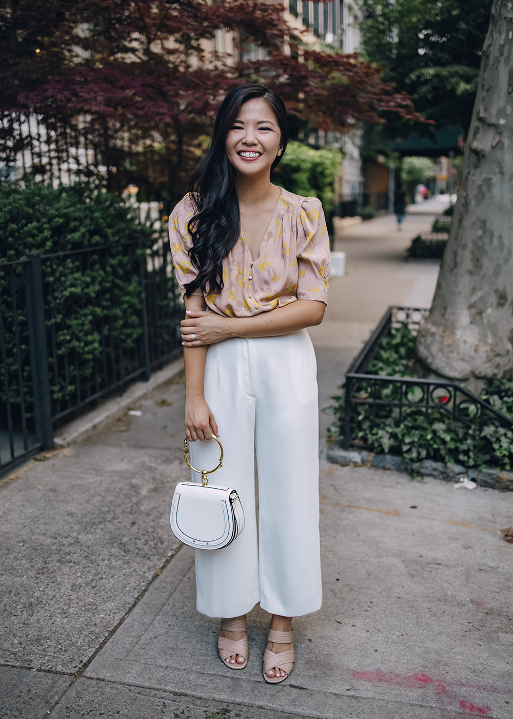 Spring Work Outfit for Women: Floral Top & White Wide Leg Pants