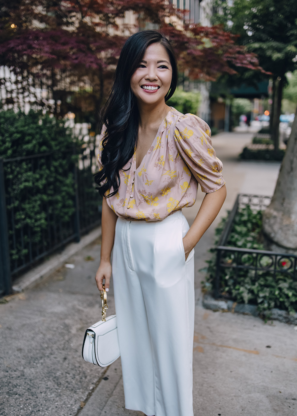 Spring Work Outfit for Women: Floral Top & White Wide Leg Pants