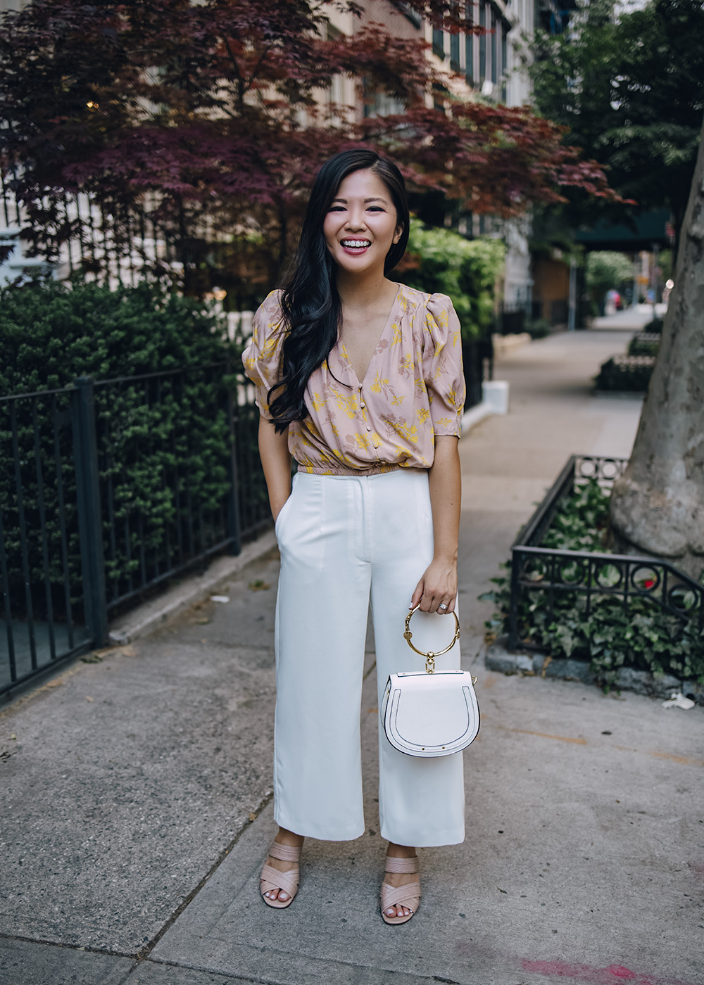 Spring Work Outfit for Women: Floral Top & White Wide Leg Pants