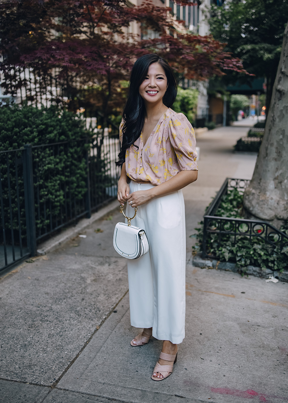 Spring Work Outfit for Women: Floral Top & White Wide Leg Pants