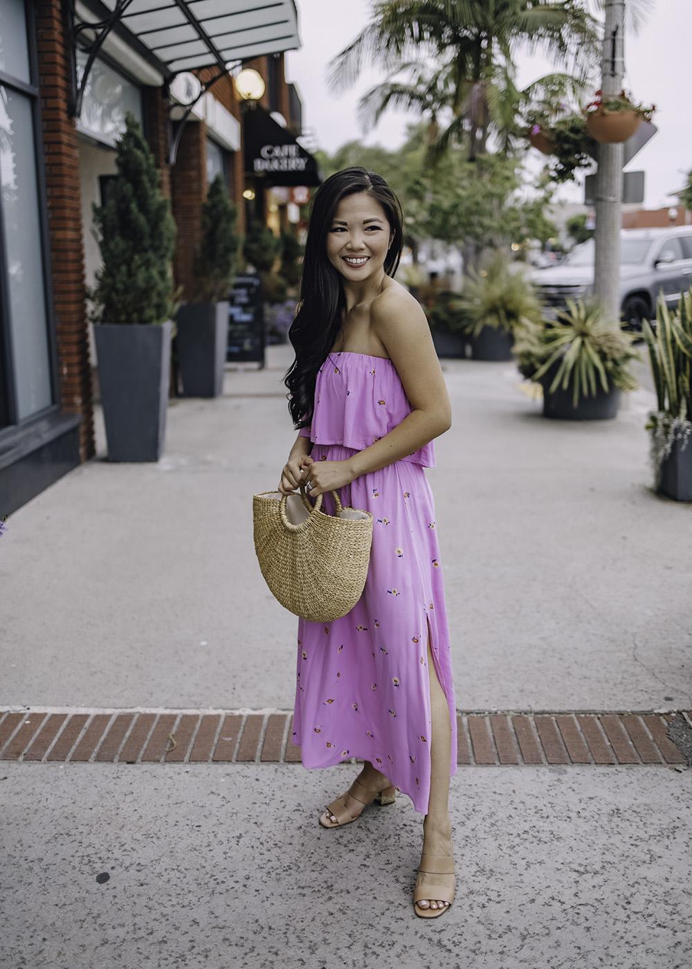 Summer Outfit: Pink Strapless Floral Dress
