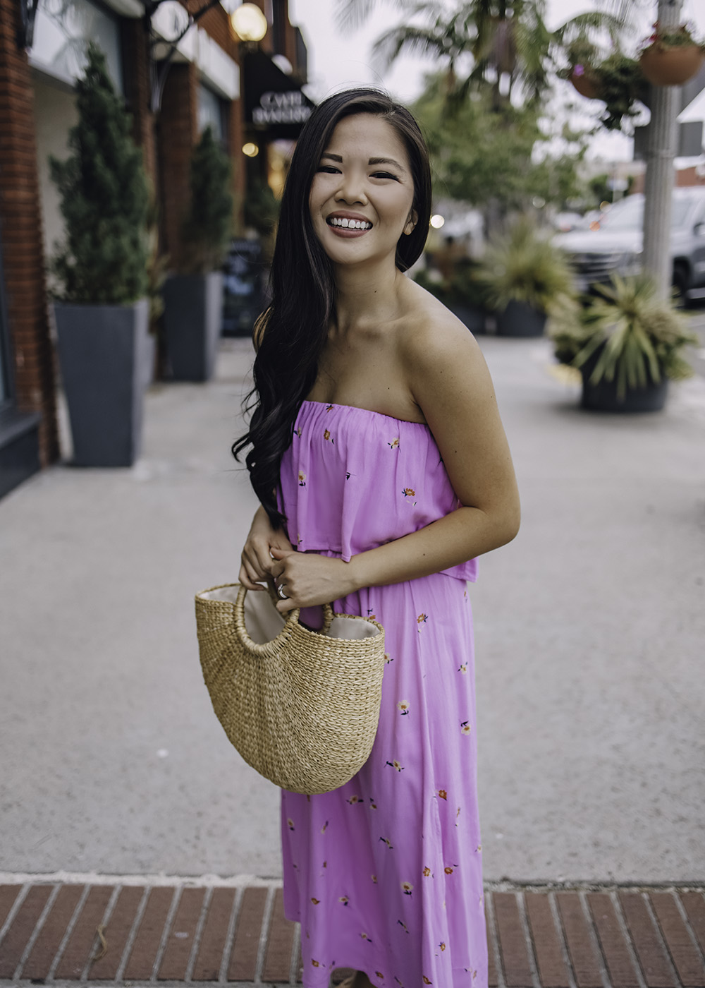 Summer Outfit: Pink Strapless Floral Dress