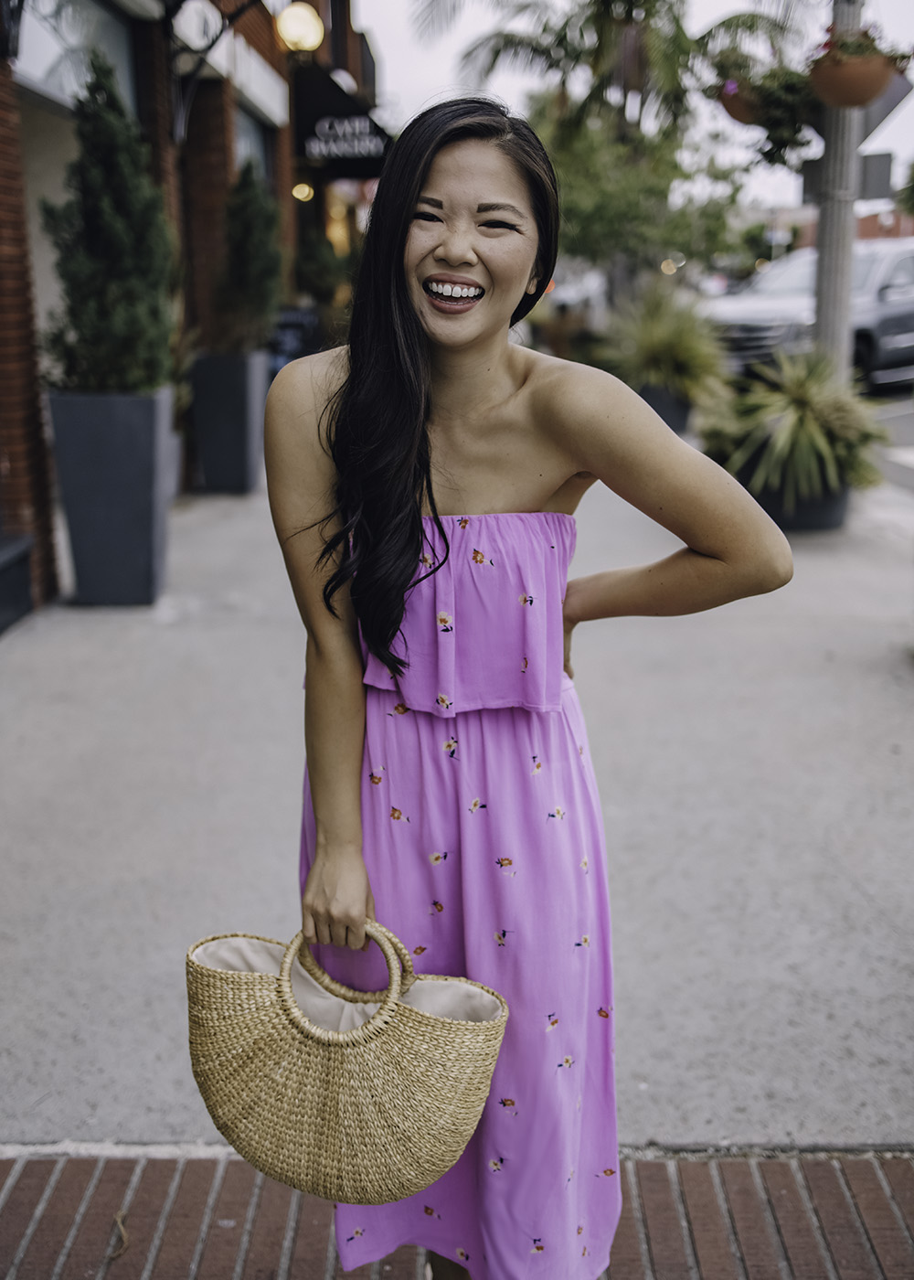 Summer Outfit: Pink Strapless Floral Dress