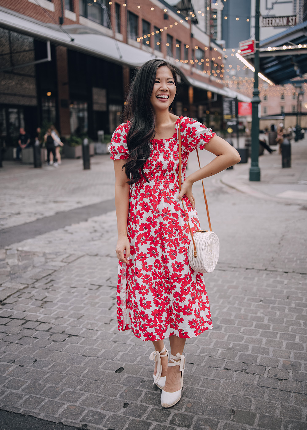 Bright Summer Outfit for Women: Red Floral Dress with Puff Sleeves