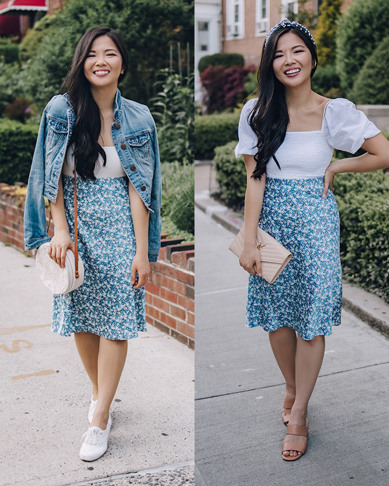 Casual Summer Outfits for Women: White Top, Blue Floral Midi Skirt