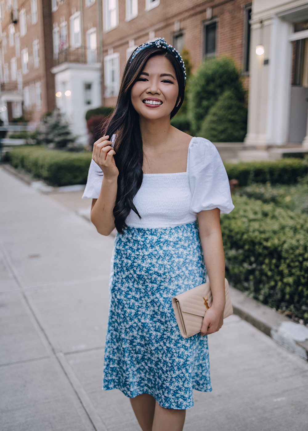 Feminine Style: White Puff Sleeve Top, Blue Floral Midi Skirt, Blue Velvet Headband with Pearls