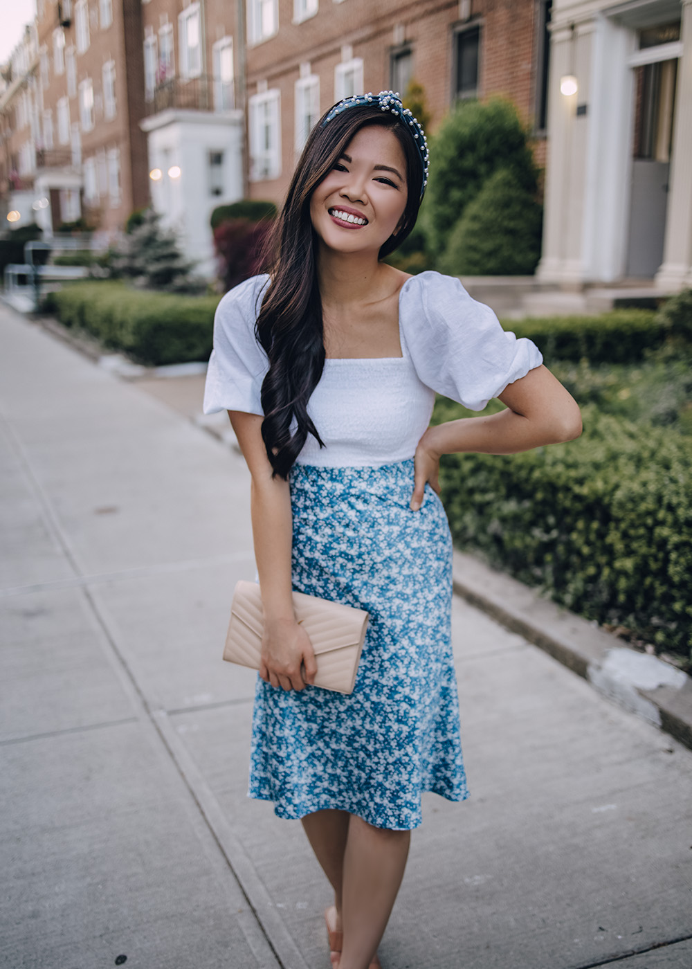 Feminine Style: White Puff Sleeve Top, Blue Floral Midi Skirt, Blue Velvet Headband with Pearls