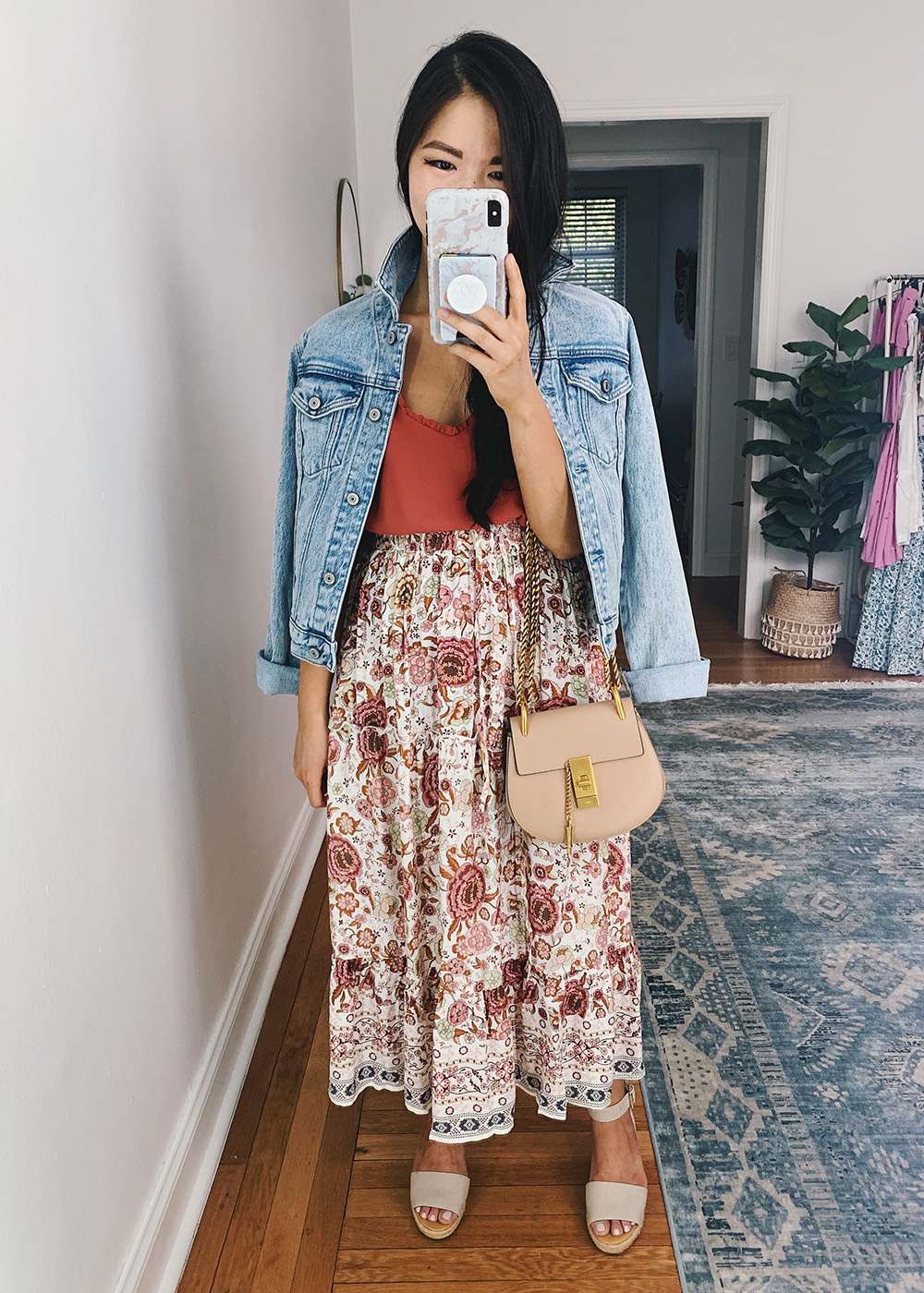 Summer Outfit: Denim Jacket, Coral Tank, Pink Boho Midi Skirt