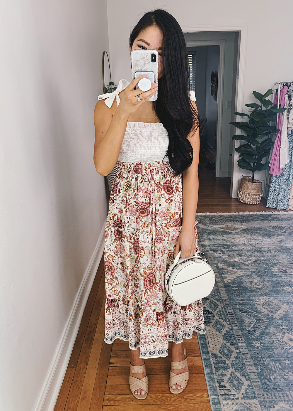 Summer Outfit for Women: White Tie Strap Crop Top, Pink Boho Midi Skirt, White Straw Circle Bag